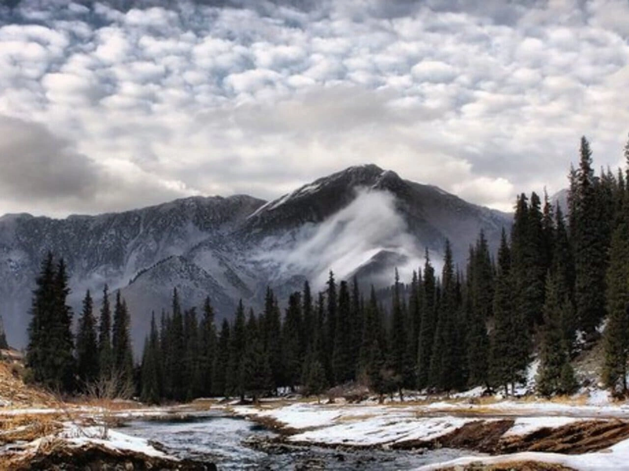 Snow-covered peaks and pine forest valley near Almaty