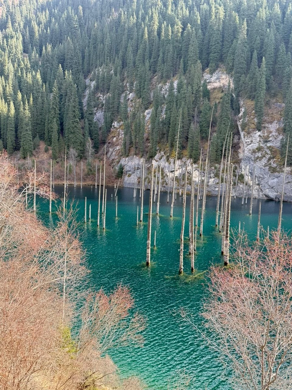 View over Kaindy Lake in the Tian Shan mountains