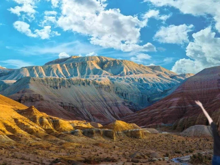 The striped Aktau mountains in Altyn Emel National Park, included in the 7-day Kazakhstan tour package
