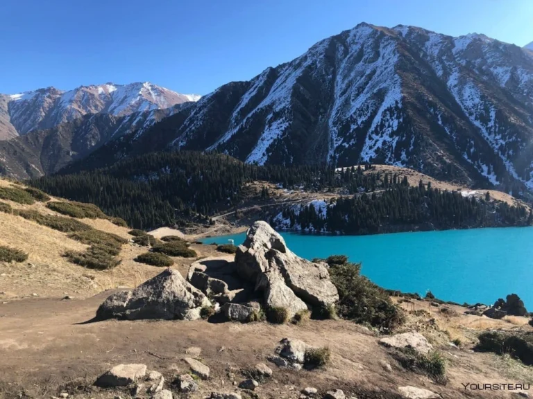 Big Almaty Lake viewed from a rocky hilltop with forests and mountains around.
