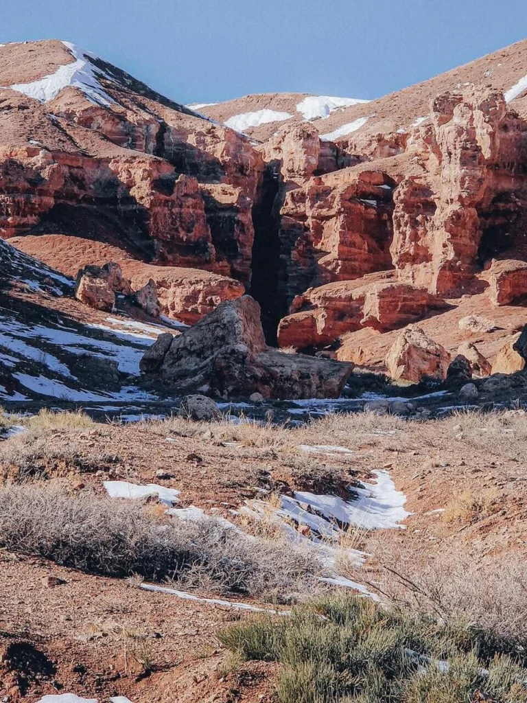 Sunlit rock formations of Black Canyon in Almaty region, Kazakhstan