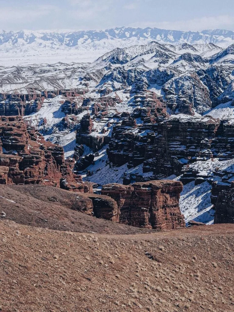 Close-up of Charyn Canyon’s unique red sandstone textures and geological formations.