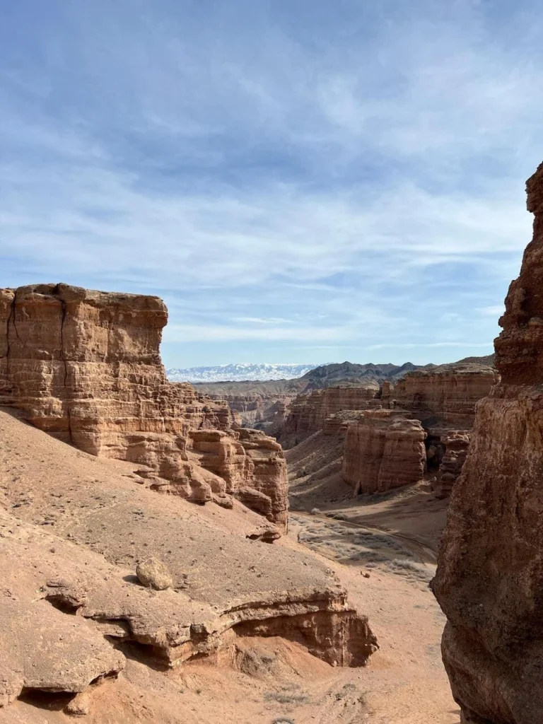 Breathtaking aerial view of Charyn Canyon with deep cliffs and narrow valleys near Almaty.