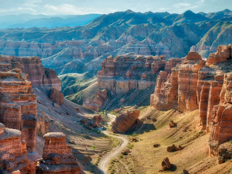Majestic view of Charyn Canyon’s red rock formations under a clear blue sky in Kazakhstan.