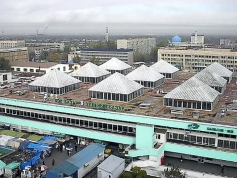Aerial view of the Green Bazaar complex in Almaty, Kazakhstan.
