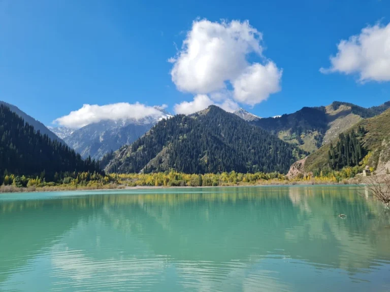 A group of travelers enjoying a picnic by Issyk Lake on an eco-friendly nature tour from Almaty.