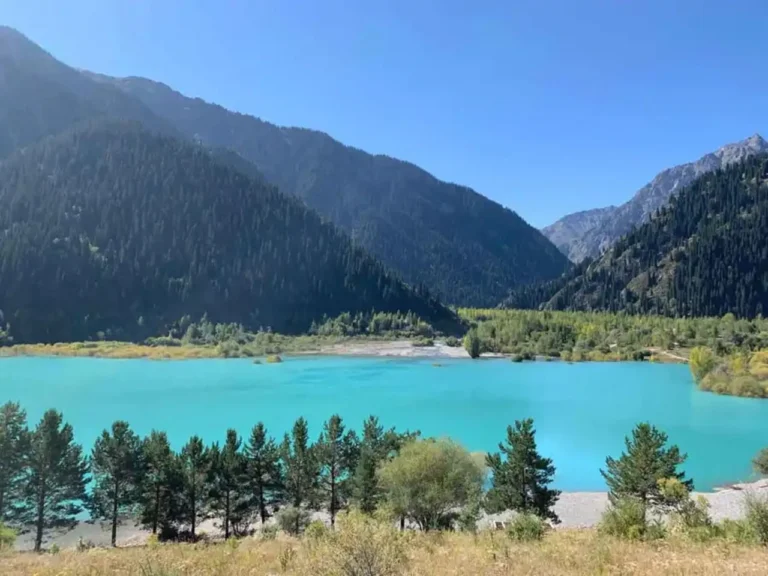 Trekking path leading to Issyk Lake viewpoint with breathtaking landscape views near Almaty.