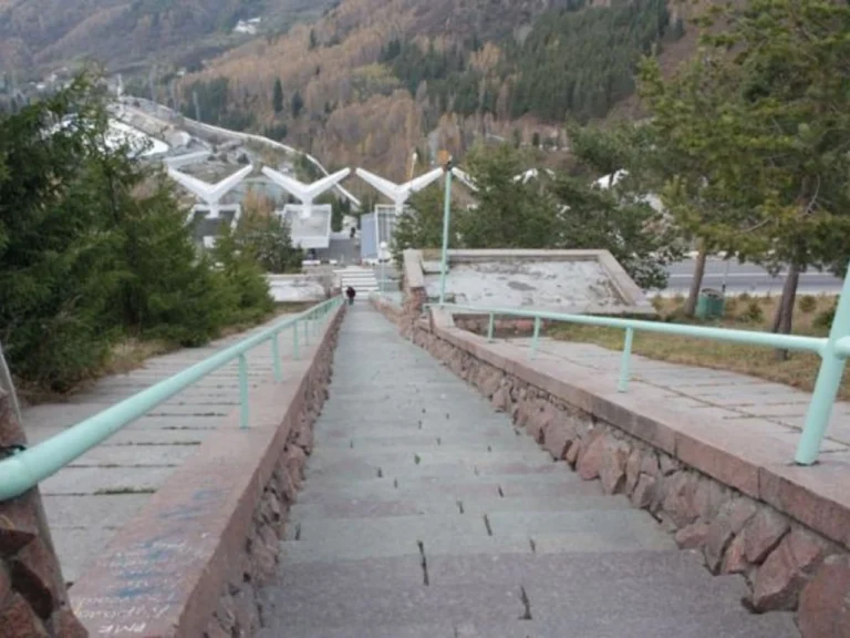 Long stone staircase leading down to the Medeo sports complex in Almaty.