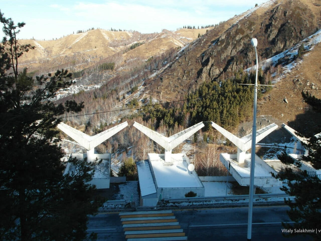 View of the Medeo dam structures (“wings”) in the mountains of Almaty.